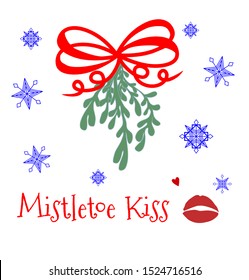 Mistletoe Kiss calligraphy design element Christmas tradition mistletoe branch red ribbon decoration red lips heart vector set isolated