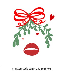 Mistletoe kiss Christmas vector set mistletoe branch red bow lips hearts winter festive illustration