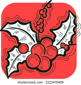 Mistletoe leaves and berries decorative vector element for Christmas and new year design. Traditional winter holidays green and red decoration. Hand drawn illustration, line style drawing.