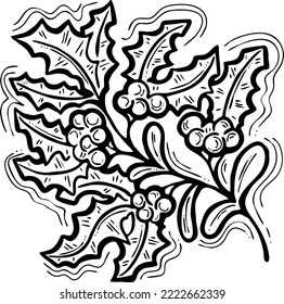 Mistletoe leaves and berries decorative vector element for Christmas and new year design. Traditional winter holidays green and red decoration. Hand drawn illustration, line style drawing.