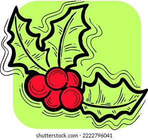 Hojas de mistletoe y bayas elemento vector decorativo para el diseño navideño y de año nuevo. Decoración roja y verde de las tradicionales vacaciones de invierno. Ilustración dibujada a mano, dibujo de estilo de línea.