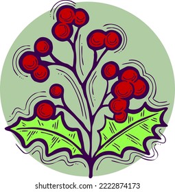 Hojas de mistletoe y bayas elemento vector decorativo para el diseño navideño y de año nuevo. Decoración roja y verde de las tradicionales vacaciones de invierno. Ilustración dibujada a mano, dibujo de estilo de línea.