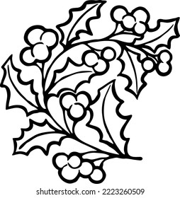 Mistletoe leaves and berries decorative vector element for Christmas and new year design. Traditional winter holidays green and red decoration. Hand drawn illustration, line style drawing.