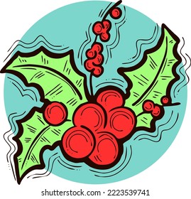 Mistletoe leaves and berries decorative vector element for Christmas and new year design. Traditional winter holidays green and red decoration. Hand drawn illustration, line style drawing.