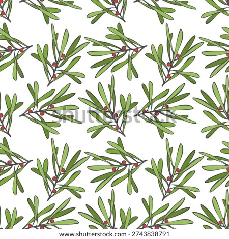 Mistletoe pattern, an evergreen plant with green leaves and red berries, for textiles, clothing, and home decor, associated with winter holidays, especially Christmas.