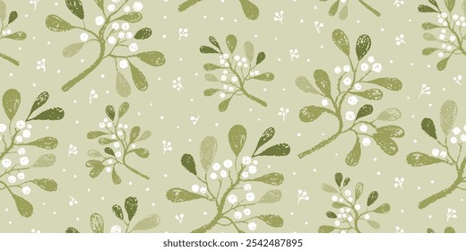 Padrão de visco. Fundo de Natal sem costura. Crayon inverno folha e giz de flor ou padrão de aquarela. Folhas de hominídeos de férias e fundo floral de baga. Pinheiro repetitivo bonito Xmas pastel