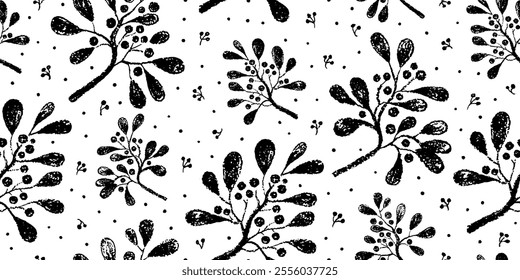 Mistletoe pattern. Seamless vector branch berry background. Christmas mistletoe holly winter bg. Holiday vintage print. Black silhouette floral pattern. Tree leaf branch watercolor design. Crayon Xmas