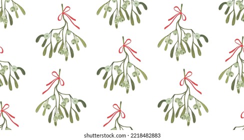 Mistletoe plant twig and red ribbon watercolor seamless pattern for Christmas gift wrapping paper print. Holiday kissing tradition plant. Christmas mistletoe pattern, white green berries and leaves.