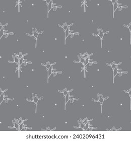 Mistletoe plants boho seamless pattern vector illustration. Hand drawn background with branch leaves and flower Mistle. Medicinal magical Noel flower,