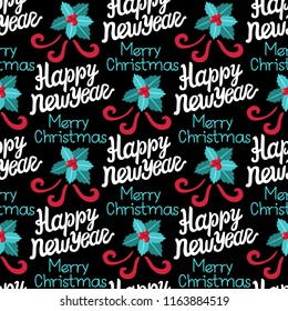 Mistletoe with red berries seamless pattern. Lettering Happy New Year. Inscription Merry Christmas. Modern Vector illustration isolated on dark background.