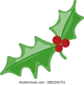 Mistletoe with red berry branch vector isolated illustration. Green leaves and berries decorative element. Christmas decoration.