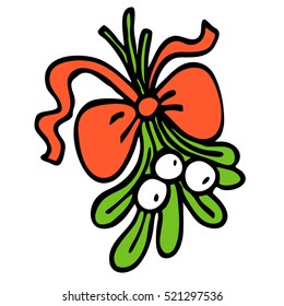 Mistletoe with red bow and curly ribbon, isolated on white background. Vector graphic art for design.