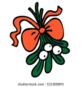 Mistletoe with red bow and curly ribbon, isolated on white background. Vector graphic art for design.
