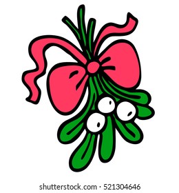 Mistletoe with red bow and curly ribbon, isolated on white background. Vector graphic art for design.
