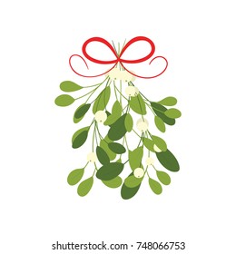 Mistletoe with red bow and curly ribbon  isolated on white background