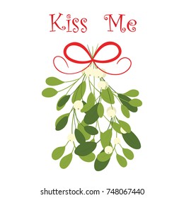 Mistletoe with red bow and curly ribbon, isolated on white backg