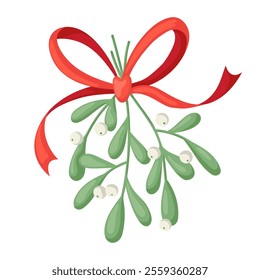 Mistletoe with red bow illustration in cartoone style. Christmas botanic. Flat vector illustration isolated on white background.