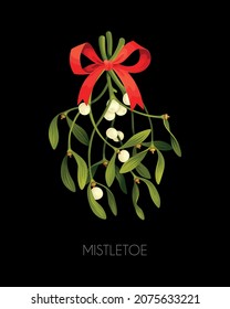 Mistletoe with red bow on black background