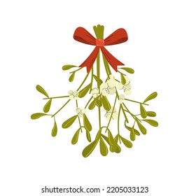 Mistletoe with red ribbon. Vector cartoon flat element Isolated on white background.