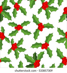 Mistletoe seamless pattern. Traditional Christmas plant background. Festive red berry with green leaf texture. Decoration folk ornament for holiday
