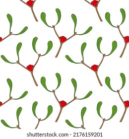 Mistletoe seamless pattern. Tree mistletoe branches seamless pattern for print, white background. Christmas decoration, flat cartoon style vector illustration