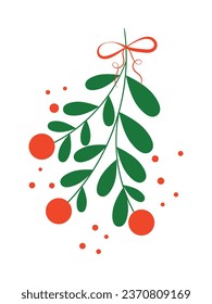 Mistletoe espiral con bayas y cinta adhesiva. Decoración para Navidad y Año Nuevo. Símbolo de Navidad con fondo blanco. Ilustración vectorial.