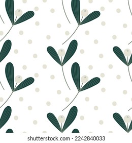 Mistletoe twig with berries and snowflake. Winter festival seamless pattern. 