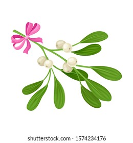 Mistletoe Twig With Berries Tied With Festive Silk Ribbon Vector Illustration