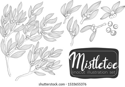 Mistletoe twig hand draw linocut vector illustration Christmas collection. Ilex branch art X-mas set in outline styles.  Holly berry collection in line art style