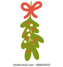 Mistletoe. Twigs, leaves, berries, bows. Christmas plants. Hand drawn vector illustration. Isolated objects on a white background.