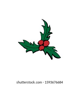 Mistletoe. Vector. Doodle Green leaves, red berries. Isolated on a white background. Can be used for greetings, cards, invitations. Suitable for t-shirts, mugs, gifts.