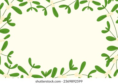 Marco vectorial Mistletoe. Borde floral. Dibujo plano de la decoración navideña. Elemento decorativo botánico, Postcard, Poster, Banner, plantilla de tarjeta. Ilustración estacional de color.	
