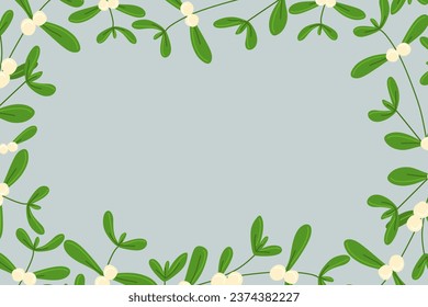 Mistletoe vector Frame. Floral Border. Flat cartoon Christmas decoration. Botanical decorative element, Postcard, Poster, Banner, Card template, Wedding invitation. Color Seasonal illustration.