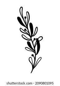 Mistletoe vector illustration. Floral hand drawn ilex. Christmas linear element in modern style. Elegant silhouette isolated on white background. Mistletoe line art for invitation, card, poster.