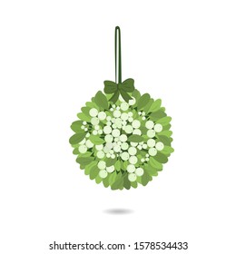 Mistletoe. Vector illustration of hanging mistletoe sprigs with with berries and green bow isolated on white. Vector Christmas plant background. Vector mistletoe.