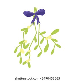 Mistel. Vektorillustration von hängenden Mistelzweigen mit Beeren und Veilchenbogen auf Weiß isoliert