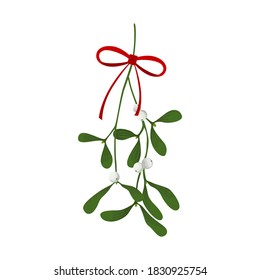 Mistletoe (Viscum) branch with white berries and red bow. Christmas tradition Kissing bough. Vector illustration isolated on white background. Flat cartoon design. For card, poster, banner, invitation