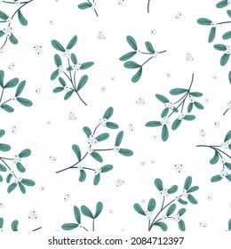 Mistletoe, viskum Zweige mit länglichen Blättern und Beeren Vektor nahtlose Muster. Weihnachten, Neujahr Feiertage Blumenhintergrund für Grußkarten, Wallpaper, Geschenkpapier, Webseite.