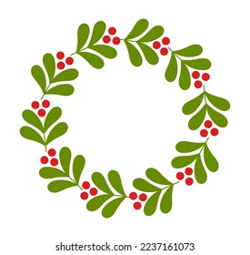 Mistletoe wreath, Christmas decoration isolated on white background. Vector illustration.