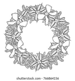 Mistletoe wreath. Christmas plant retro vintage style.