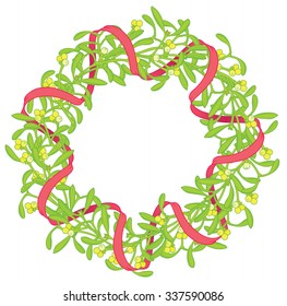 Mistletoe wreath with red ribbons isolated on white, vector illustration