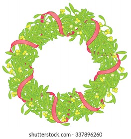 Mistletoe wreath with red ribbons isolated on white, vector illustration