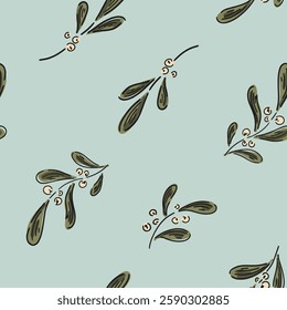 Mistletoes placed diagonally on a mint green background in a Christmas color palette of forest green, olive green and cream.  Christmas seamless vector pattern. Great for home decor, fabric, wallpaper