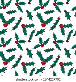 Mistletoes seamless pattern. Different kinds of mistletoe leaves on white background. For wallpapers, gift wrapping paper, greeting cards, home decor, print, textile.