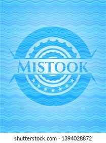 Mistook sky blue water style badge. Vector Illustration. Detailed.