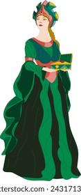 Mistress of the Copper Mountain with a Malachite Box. Vector illustration of woman with a crown on her head in a green dress with long sleeves, corset and bracelets, who is holding a jewelry box