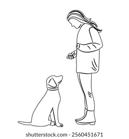 mistress and dog outline, sketch on white background, vector