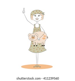 The mistress keeps a pig in her hands
