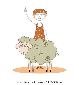 The mistress keeps a sheep in her hands
