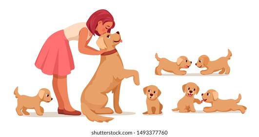 Mistress kisses her dog, puppies run around